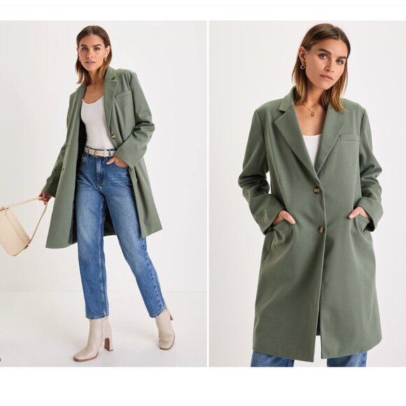 Lulus Chic Silhouette Sage Green Twill Long Sleeve Button-Front Coat Size S - Picture 1 of 16